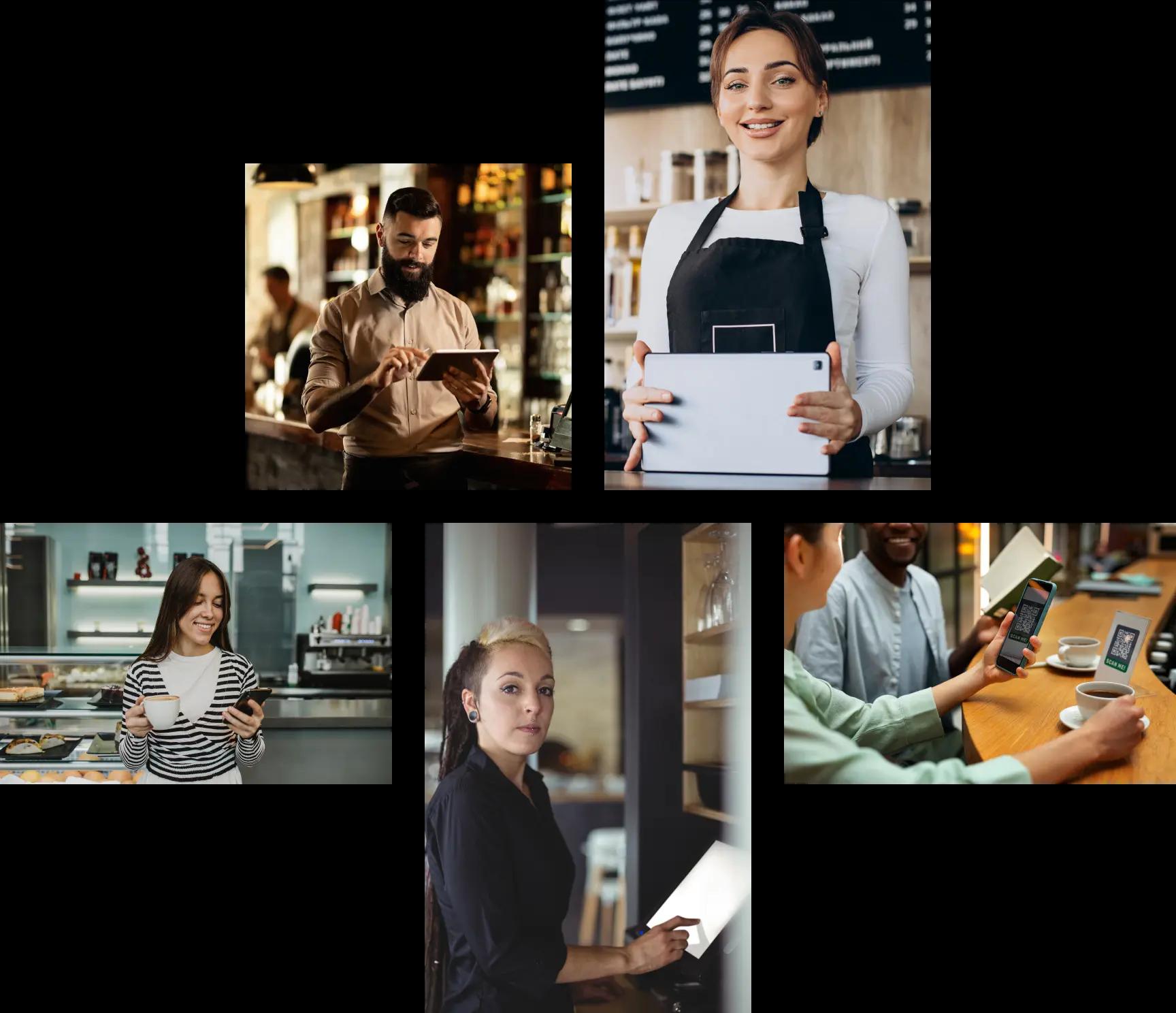 multiple images of people ordering in a restaurant 